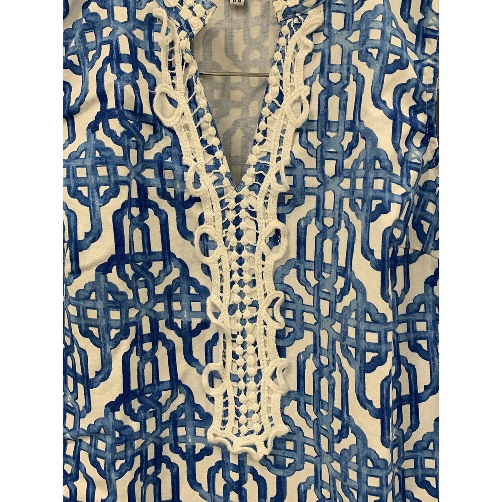 Mud Pie Kate Cotton Crochet Shift Dress Sz S Blue White Painterly Lattice Resort - Picture 4 of 15